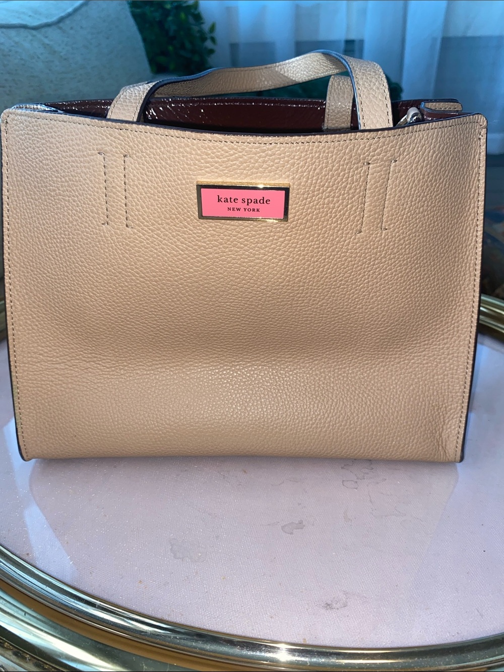 kate spade Beige Tote/crossbody with Pink Logo Plaque
